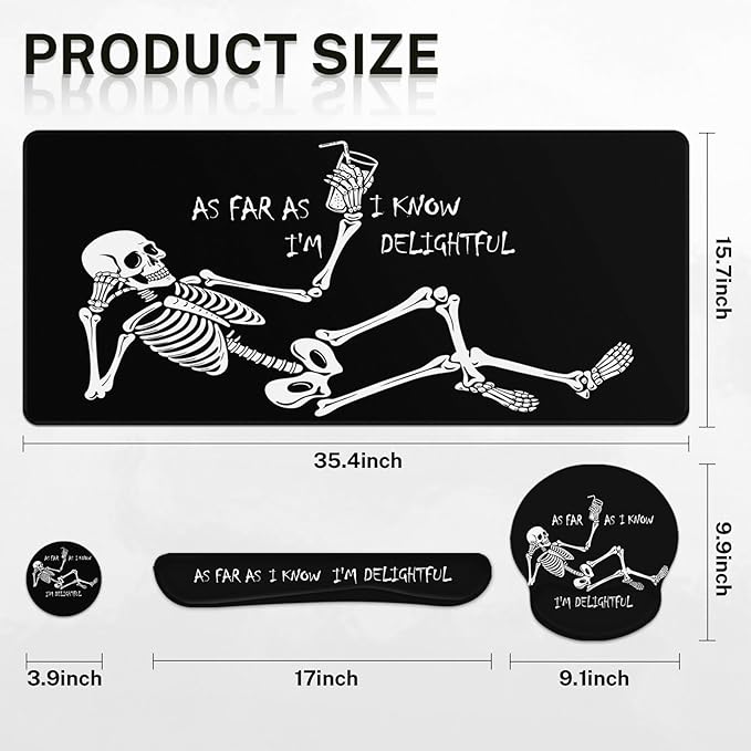 Britimes Black Skull Skeleton Keyboard Mouse Pad Set 4in1 Large - Image 3