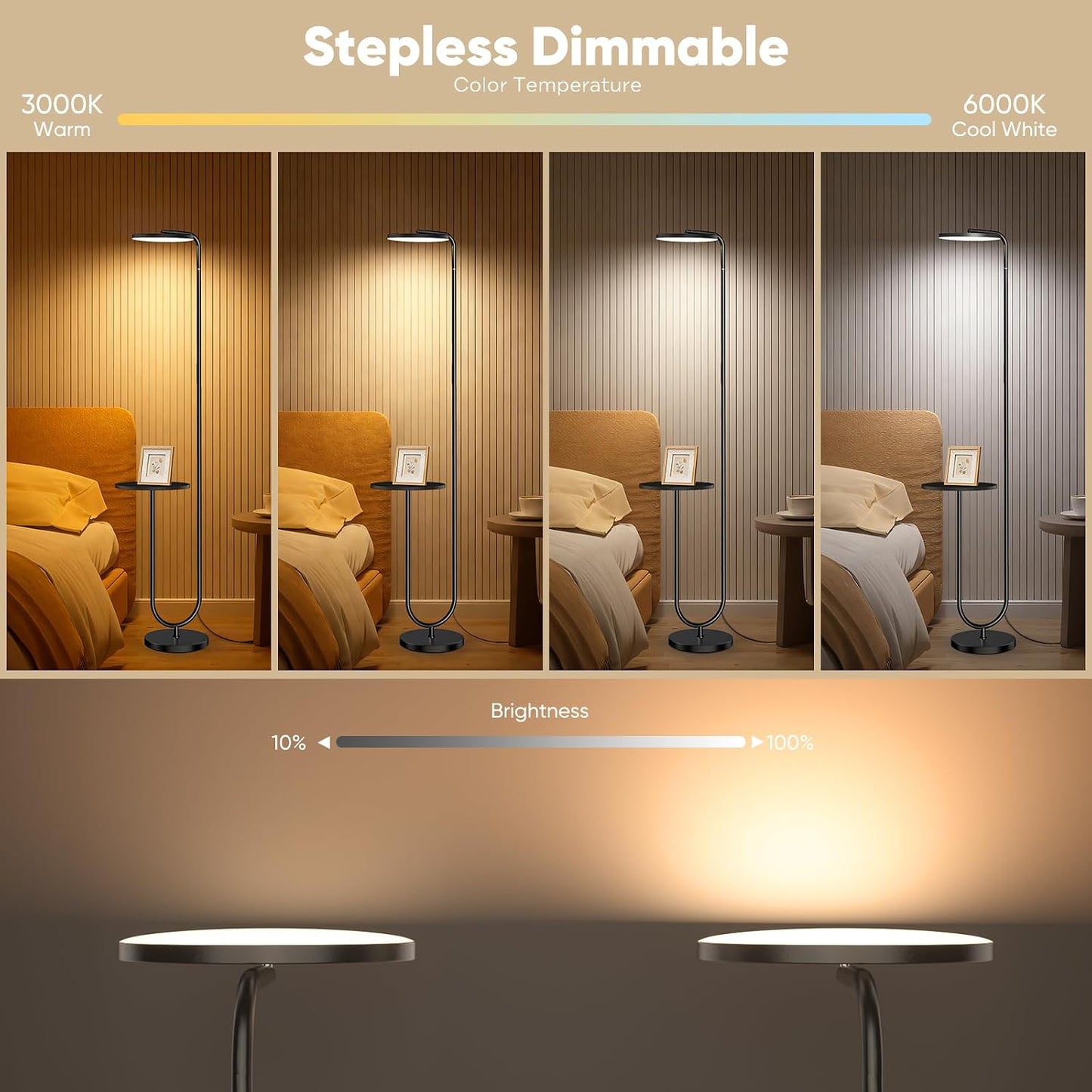 36W LED Floor Lamp with Table, Super Bright Standing Lamp, Modern Stepless Dimmable Torchiere Tall Lamp with Remote Control, 350°Rotating Head Floor Lamp for Living Room, Bedroom, Office
