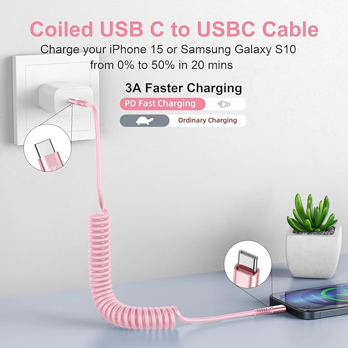 USB C to C Cable 3FT for Car, Coiled USB C Fast Charging Cable for iPhone - Image 2