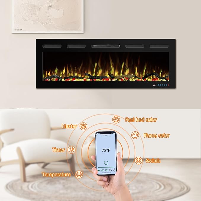 48" WiFi Electric Fireplace Inserts, Recessed and Wall Mounted Fireplace Heater - Image 2