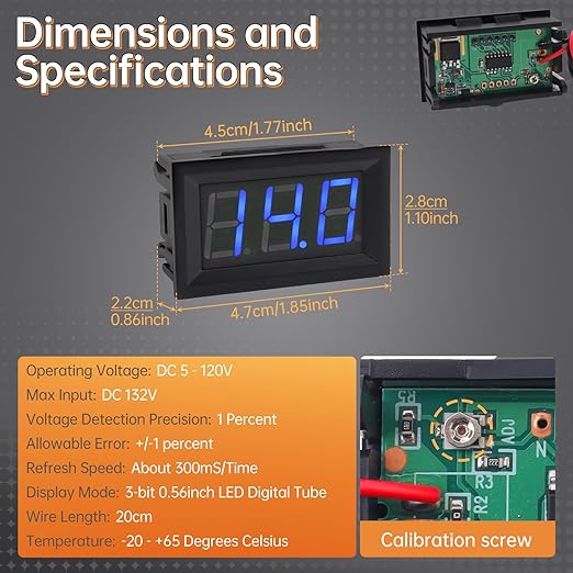 DiGiYes 5 Pack DC 5-120V Digital Mini Voltmeter 2 Wire 0.56 inch LED Display - Image 2