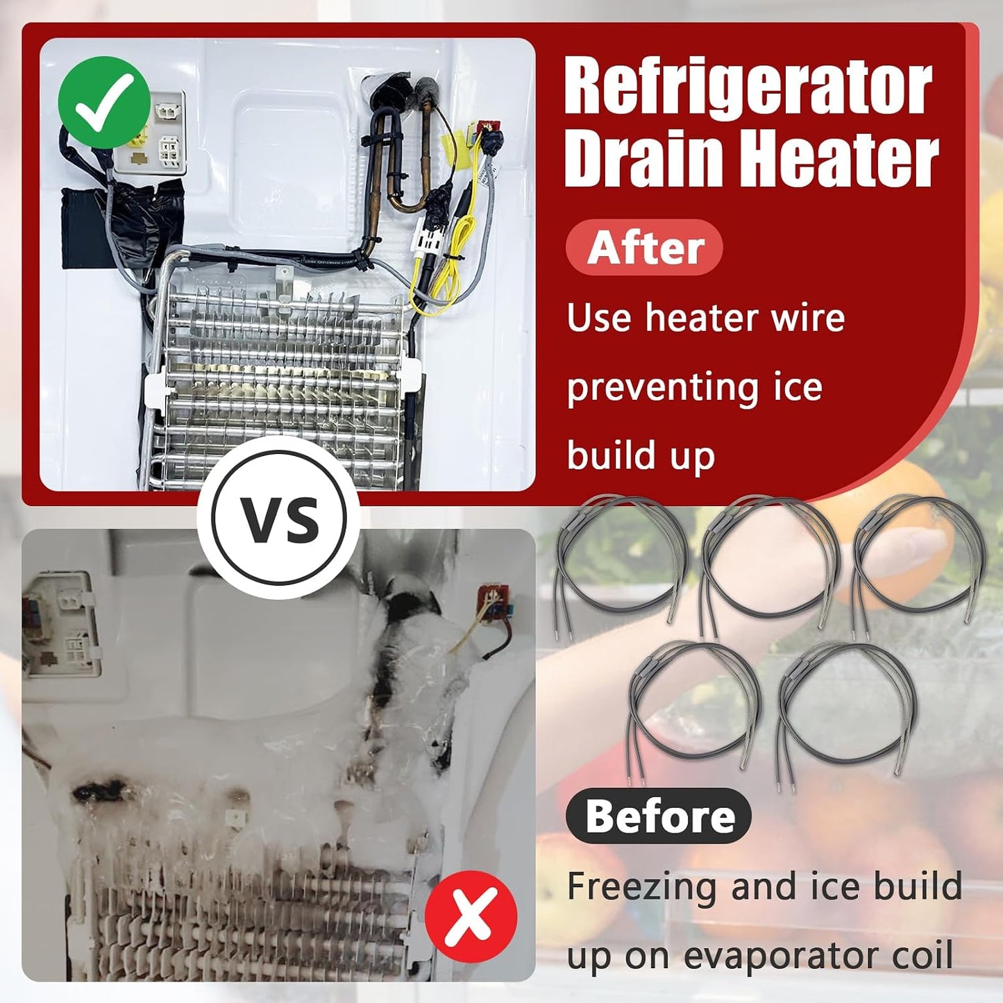 5-Pack SH201 Drain and Door Heater for Samsung and Most supco Refrigerators - Defrost Heater 7/16 Diameter 115V 15W 25 Inch Long Heater Wire - Refrigerator Drain Heater Tip with 50 Pcs Zip Ties