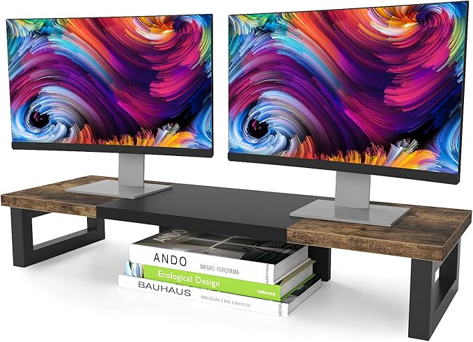 WESTREE Dual Monitor Stand Riser, Wood and Steel Multi-Purpose Desktop Storage by WESTREE