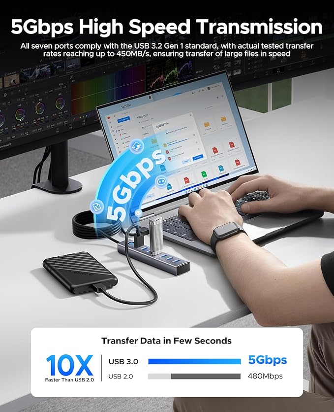 ORICO 7-Port USB 3.0 Hub, Aluminum USB Multiple Adapter, 5Gbps USB Extender USB - Image 3