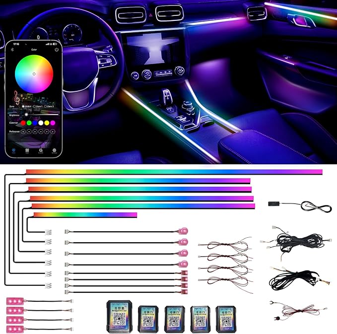 Acrylic Interior Car LED Strip Lights, Colorful 18-in-1 Car Ambient Lighting Kit by Unknown
