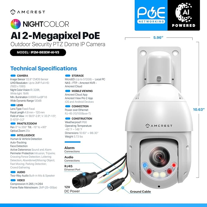 Amcrest 2MP Outdoor PTZ POE + IP Camera Pan Tilt Zoom Camera Security Speed Dome - Image 9