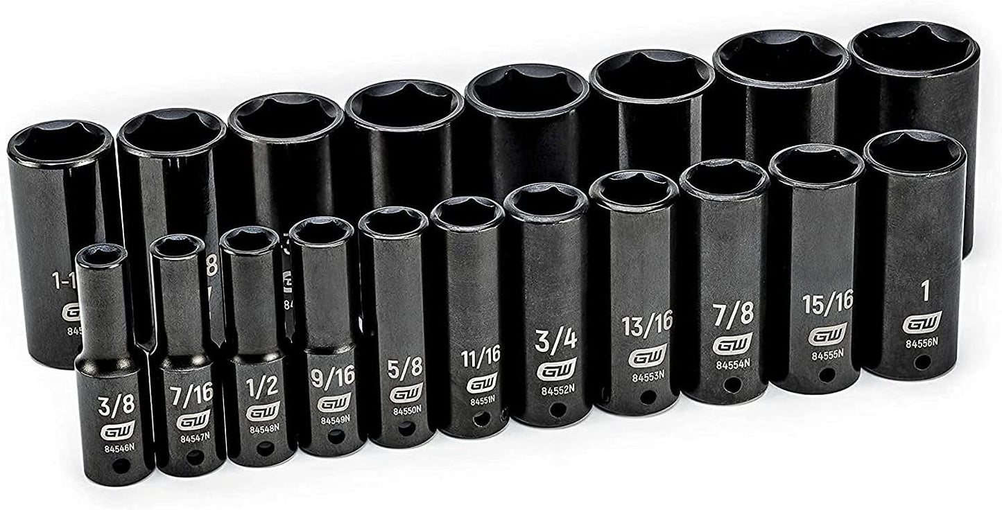 GEARWRENCH 19 Piece 1/2 Inch Drive 6 Point Impact Socket Set, Deep, SAE - 84934N