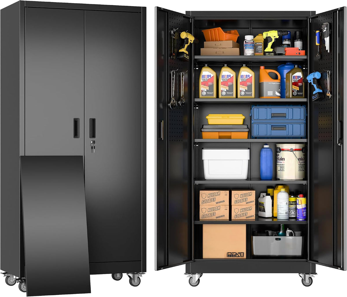 metal garage storage cabinet with wheels and pegboard shown in use