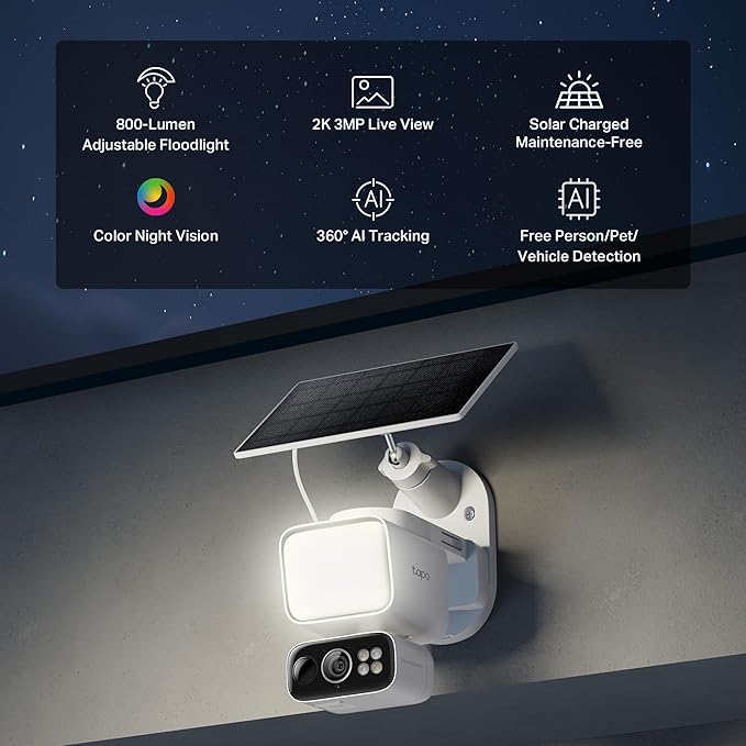 Tapo 2K Dimmable Floodlight Security Camera Outdoor Wireless w/Solar Panel - Image 2