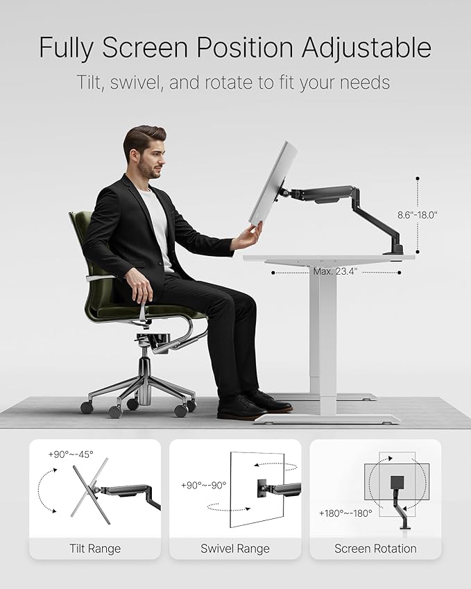 monTEK Deluxe Monitor Arm up to 40 Inch Holds 26.4 lbs Curved Screens Aluminum - Image 5