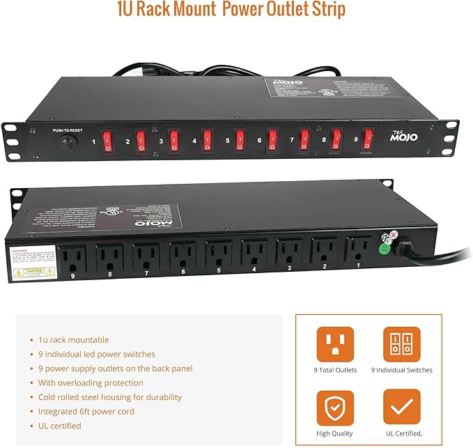 Tecmojo 9-Outlet Rack Mount Overloading Protection Circuit Breaker PDU Power - Image 6
