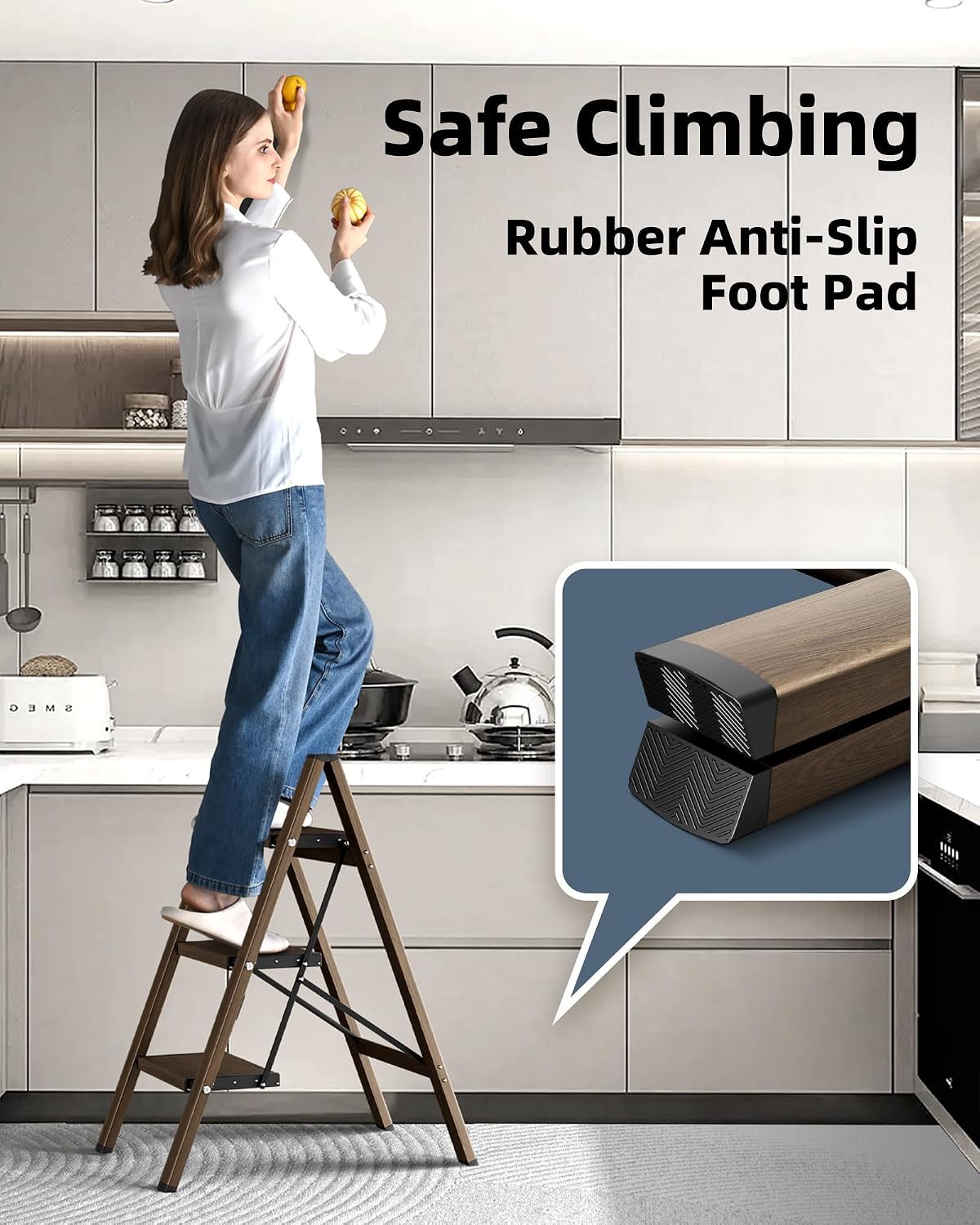 HillhutApex 3 Step Stool Foldable Ladder,Aluminum Step Ladder | Folding Lightweight Stable Stool with Wide Non-Slip Pedals, 330lbs Bearing Capacity Ladder for Office,Home,Kitchen-Walnut