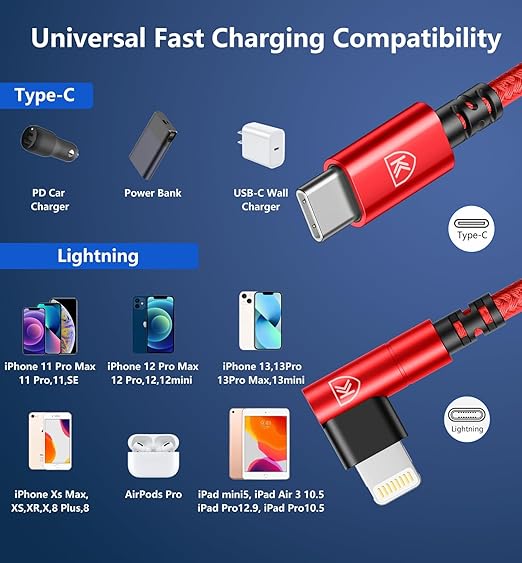 USB C to Lightning Cable 6FT, 90 Degree iPhone Charger Cables 3Pack Fast - Image 8
