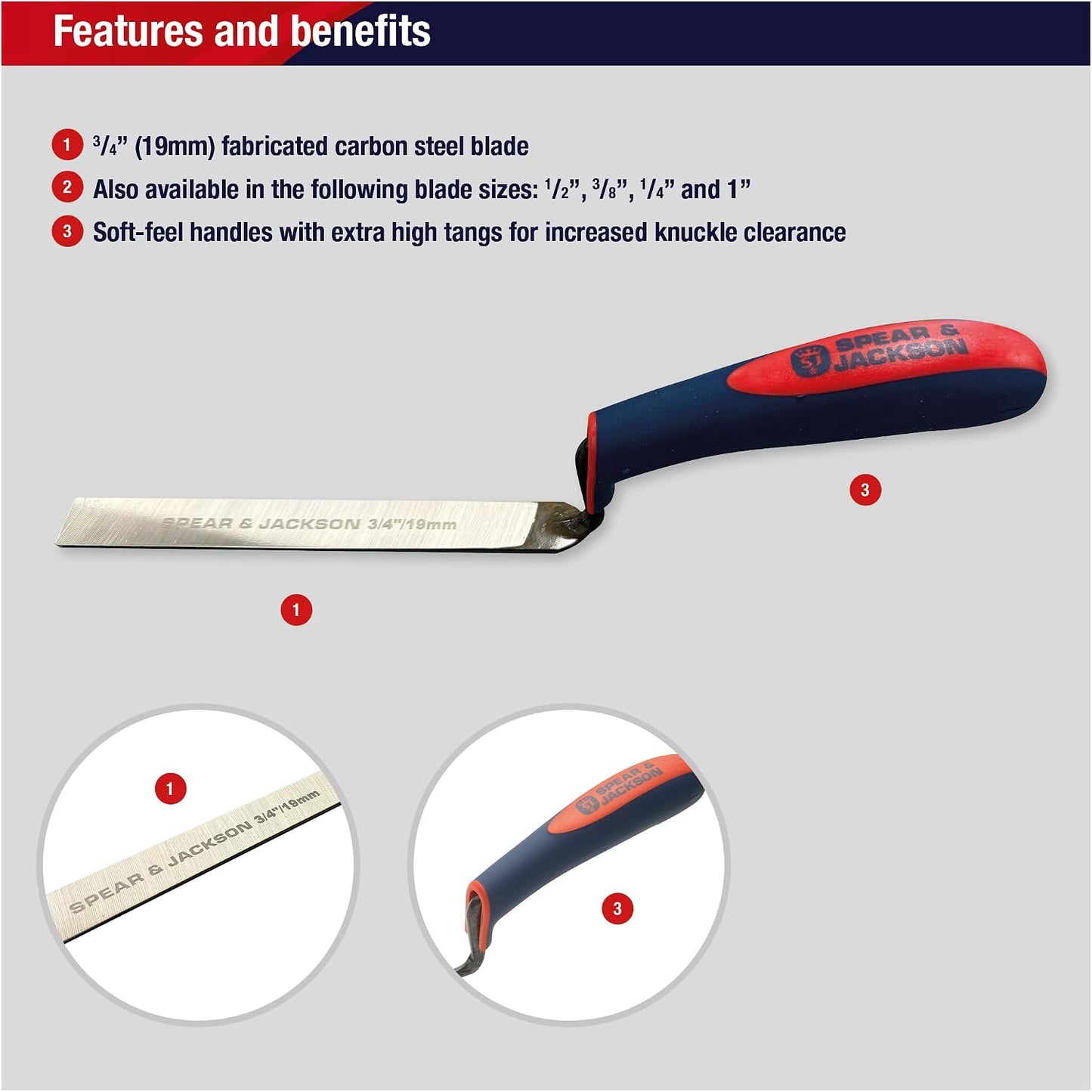 Spear & Jackson TUCK34SF ¾" Tuck Pointer (19mm) – Soft-Feel Handle, Carbon Steel Masonry Tool for Bricklaying, Mortar Shaping, Finishing, Restoration & DIY Projects