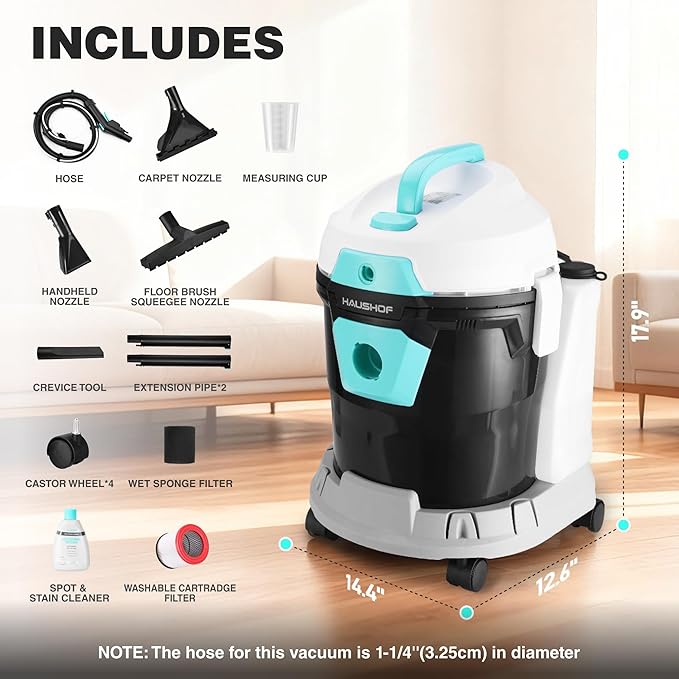 HAUSHOF 4 Gallon 5.5 Peak HP Wet/Dry Vacuum Upholstery Cleaner, Portable Shop - Image 8