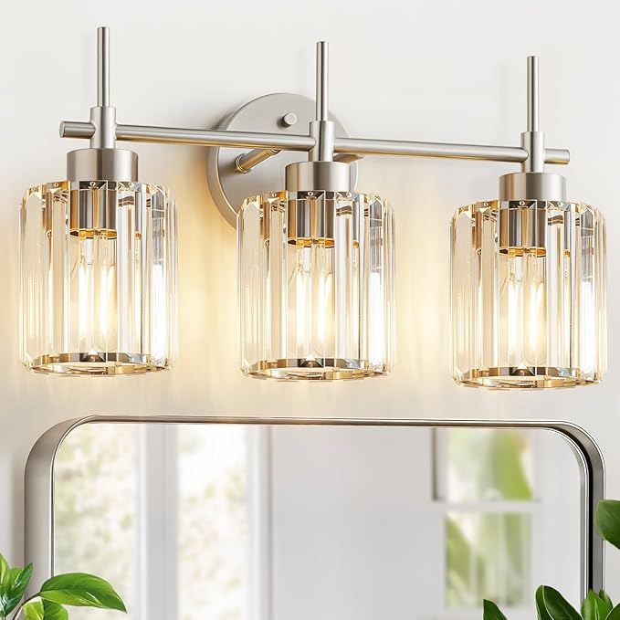 EJIAXIN 3 Light Crystal Bathroom Light Fixtures, Brushed Nickel Vanity Mirror by WelcometoEJIAXIN