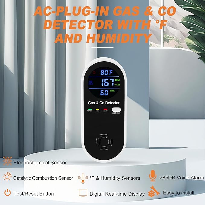 Hembisen Combination Natural Gas Detector & Carbon Monoxide Detector, 4-in-1 - Image 4