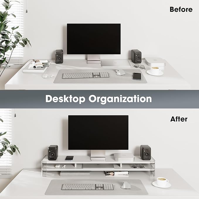 Fenge Acrylic Monitor Stand Riser, 2 Tier Wood Office Desk Storage Organizer - Image 2