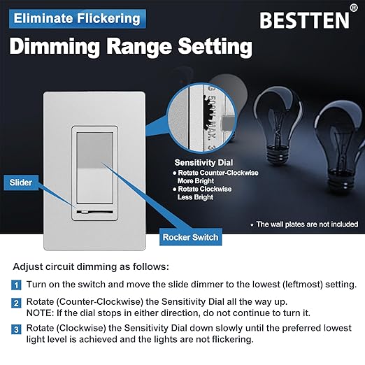 BESTTEN 5 Pack Matte Silver Dimmer Light Switch, Single Pole or 3-Way, - Image 3