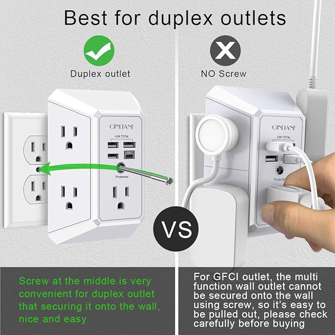 Wall Charger, Surge Protector, QINLIANF 5 Outlet Extender - Image 5