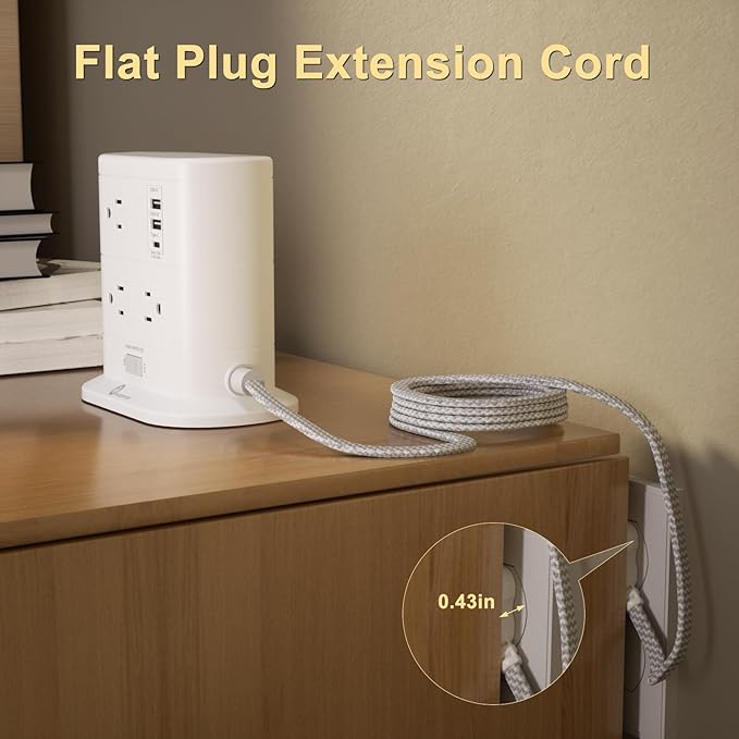 Overtop Tower Power Strip with Surge Protection, Nightlight Flat Plug Power - Image 3