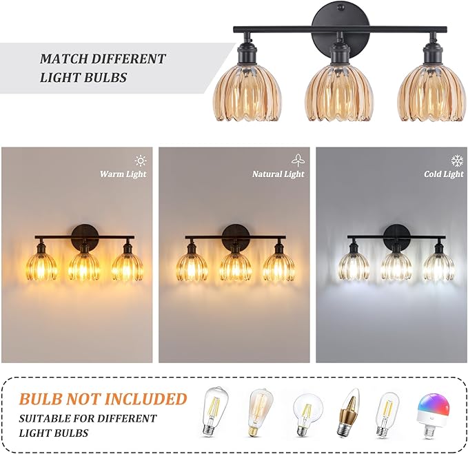 Shenmoyl Bathroom Light Fixtures, 3-Light Black Vanity Wall Light Over Mirror - Image 4