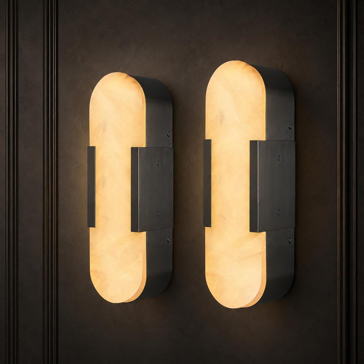 Alabaster Wall Sconces Set of 2, 13.8" Black Natural Marble Wall Sconce, Hardwired Bathroom Vanity Lights, Modern Indoor Wall Lighting for Bedroom, Living Room, Hallway, Stairs, 3000K Warm Light
