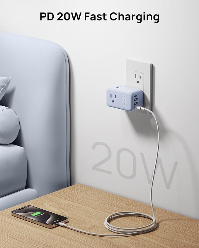 TROND Outlet Extender with 360 Rotating Plug, 3 Way Plug Splitter with PD 20W - Image 4