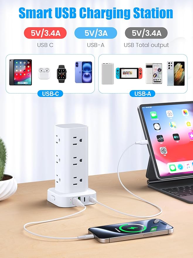 Tower Power Strips with Surge Protection, 6FT Flat Extension Cord with Multiple - Image 3