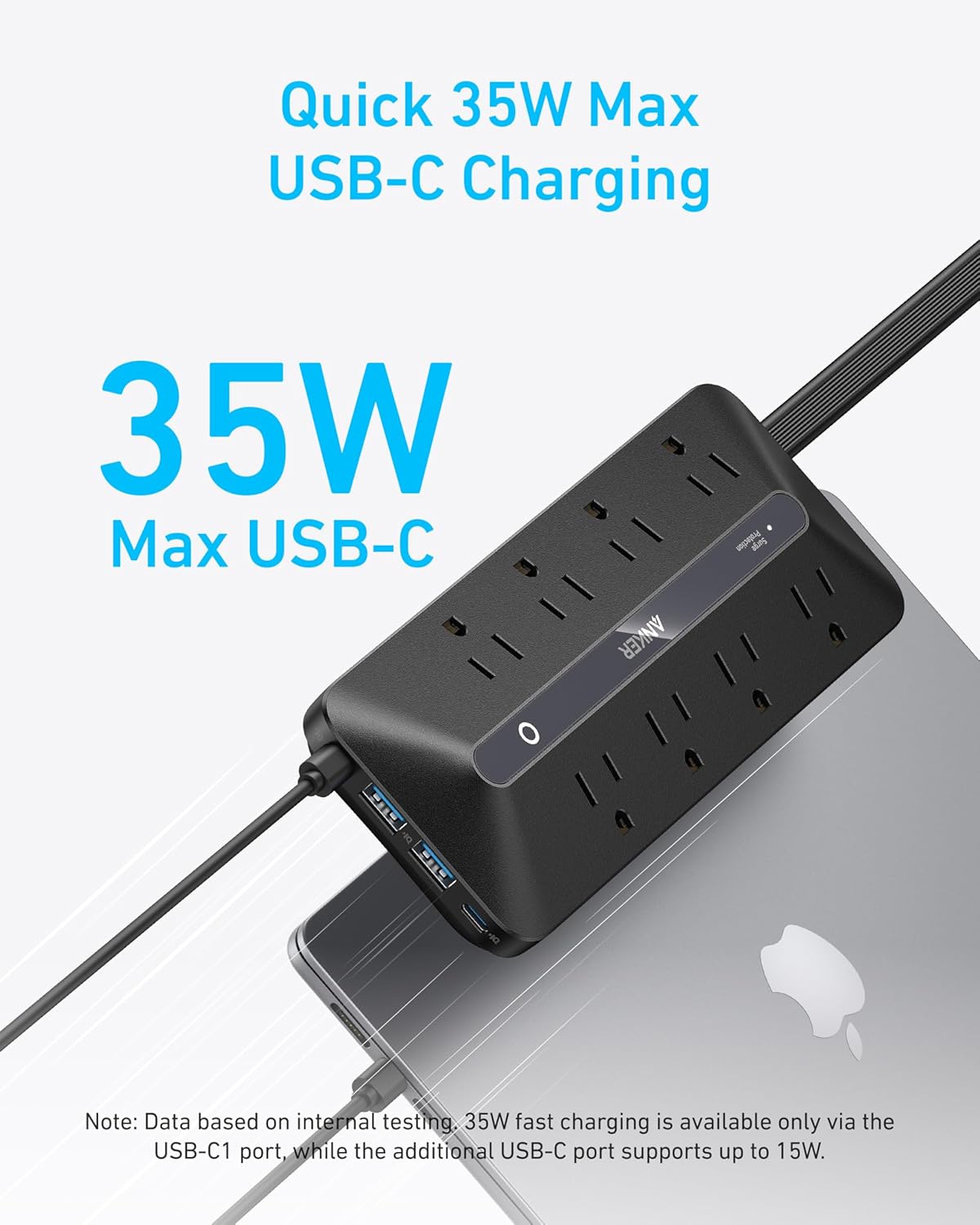 Anker Power Strip, 900J Surge Protector, 35W Max | Flat Plug Extension Cord with Multiple Outlets, 8 AC, 2 USB A, 2 USB C, 5ft Outlet Extender, Dorm Room Essentials,Home Office