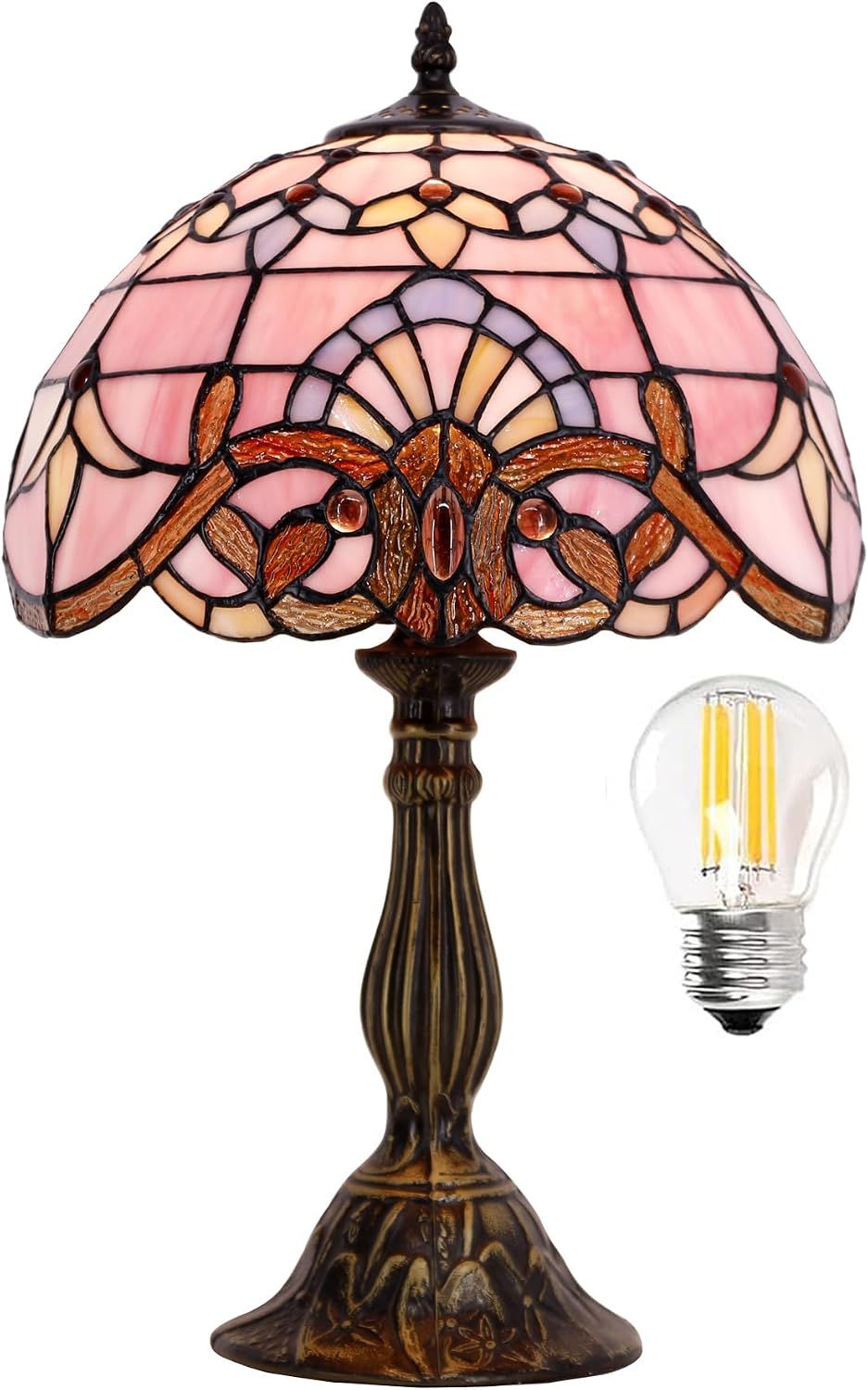 WERFACTORY Tiffany Lamp Bedside Pink Stained Glass Table Lamp 18 Inch Tall | 12X12X18 Inch Pink Baroque Style Lavender Reading Desk Light Decor Bedroom Living Room Home Office S003P Series