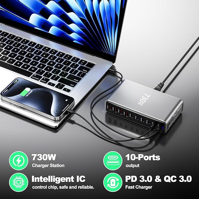 730W USB C Charger Block, 10 Port Fast USB Charging Station - Image 7
