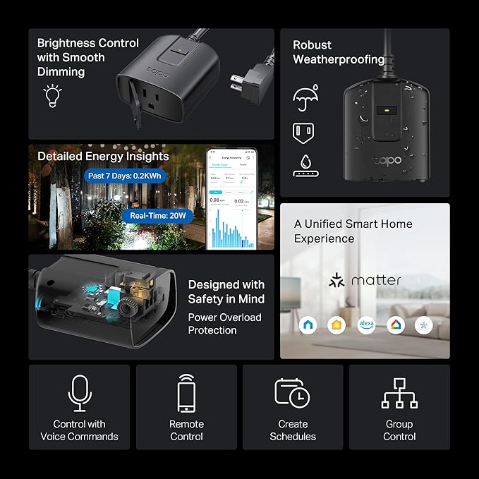 Tapo Outdoor Smart Dimmer Plug for Outdoor Lights, App Control, IP65 Weather - Image 2