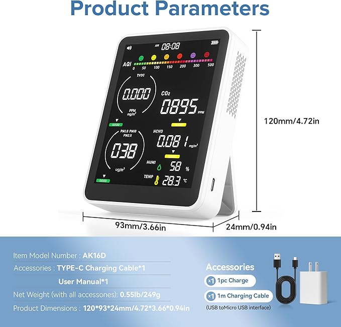 16 in 1 Air Quality Monitor Indoor 9 +7 AQI Alerts, CO2 Monitor Air Quality - Image 8
