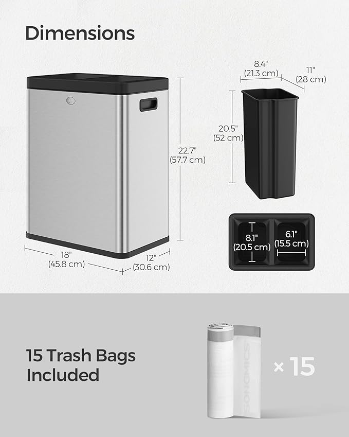 SONGMICS 2 x 6.6 Gallon Open Top Trash Can, Dual Compartment Garbage Can - Image 6
