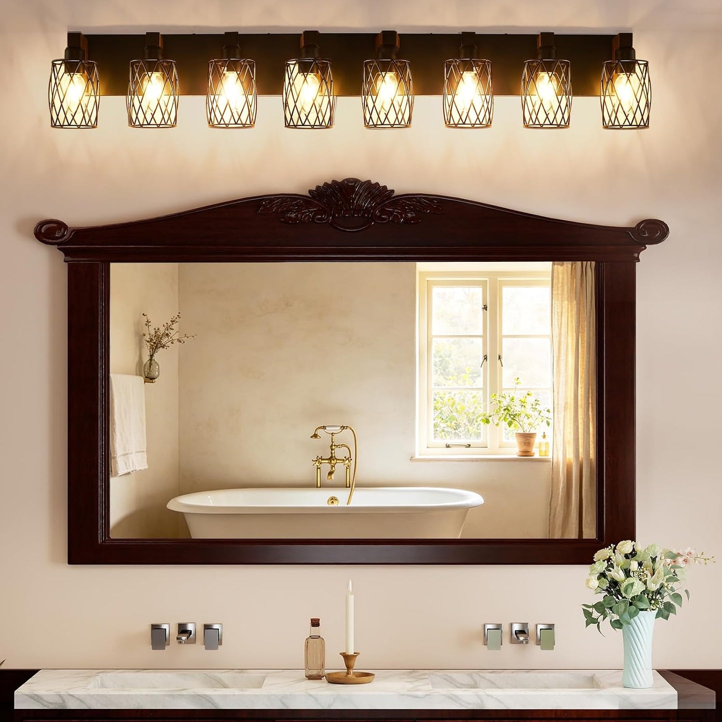 RVONOW 8-Light Farmhouse Bathroom Light Fixtures with Metal Shade | Rustic Bathroom Vanity Light with E26 Base for Bedroom Living Room Hallway, Black