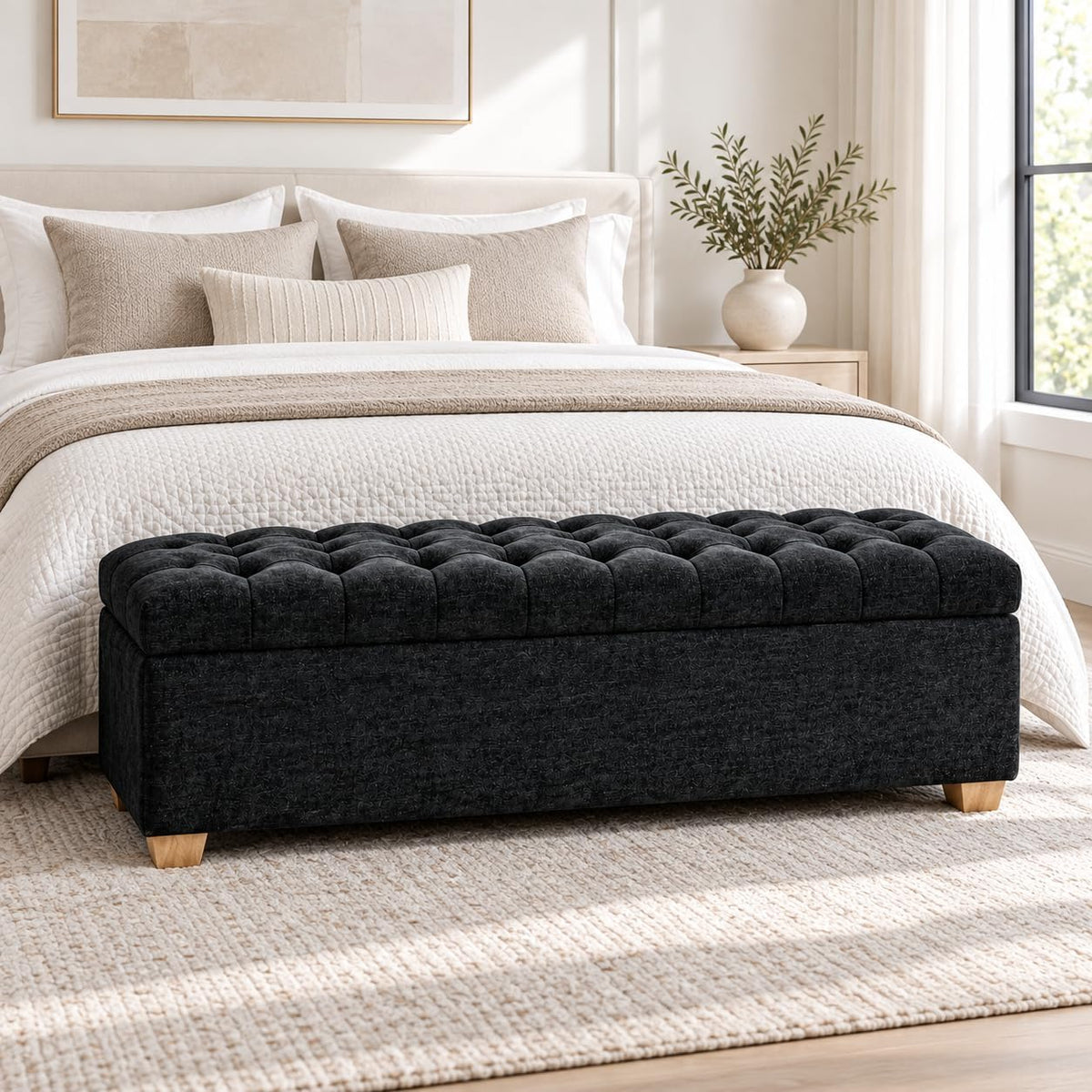 60" storage bench, modern glam chenille ottoman for, main product view