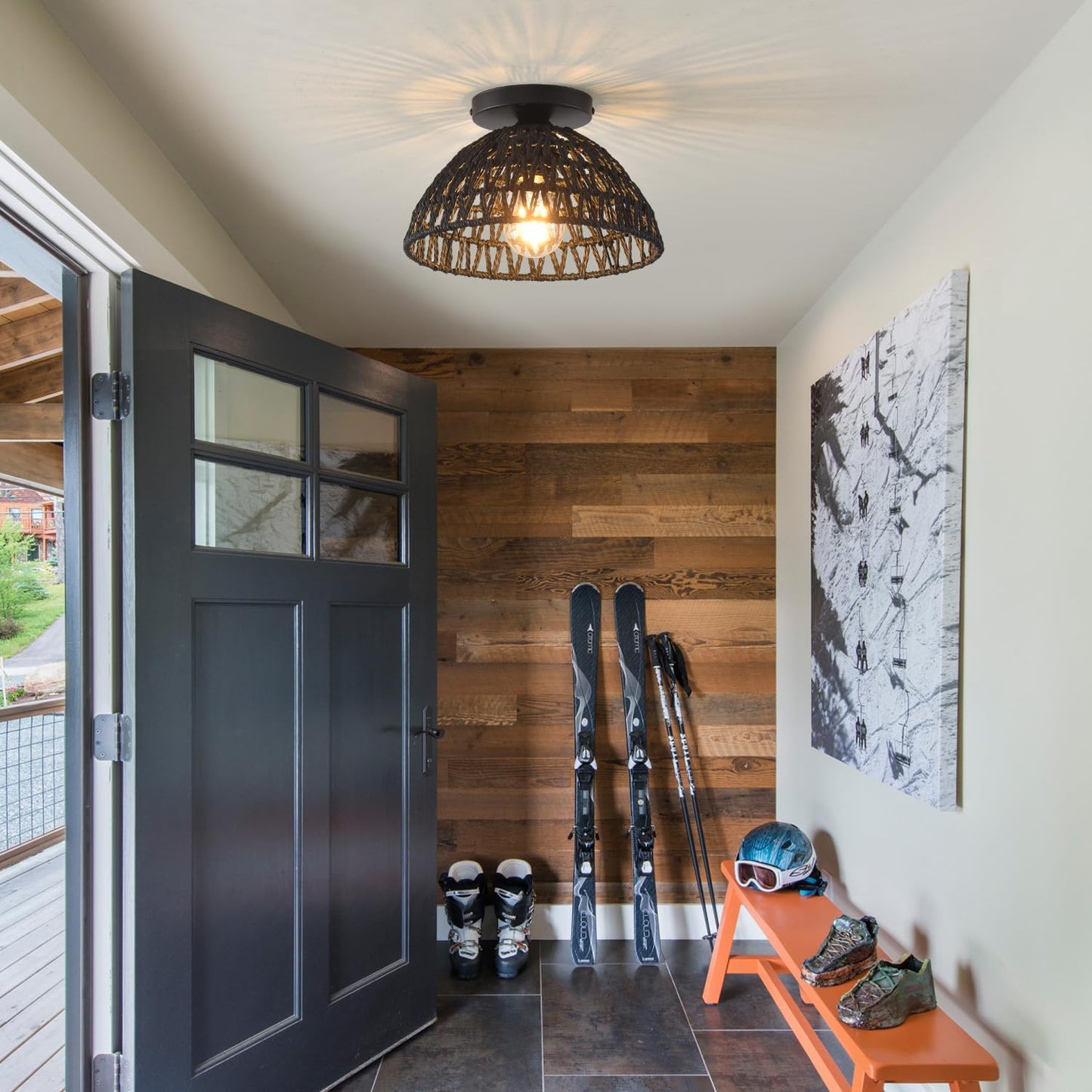 2 Pack 10.2" H Farmhouse Fixtures Ceiling Mount,Black Rattan Boho Semi Flush Mount Ceiling Light,Hand Woven Hallway Light Fixtures for Bedroom Entryway