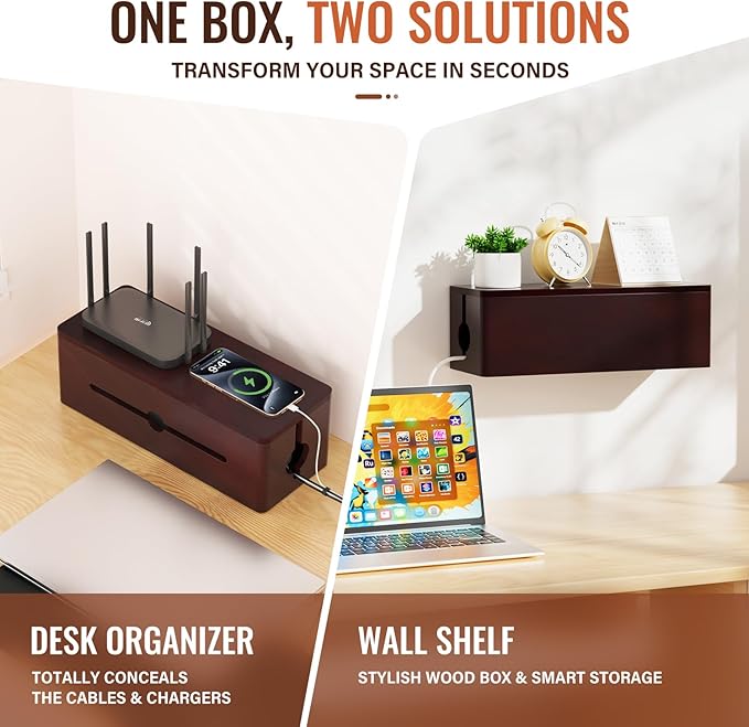 Cinati Large Cable Management Box, 15.8" Wooden Cable Organizer - Image 2