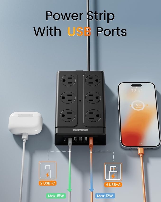 Zoxwzop Surge Protector Power Strip – 10FT Extension Cord - Image 3