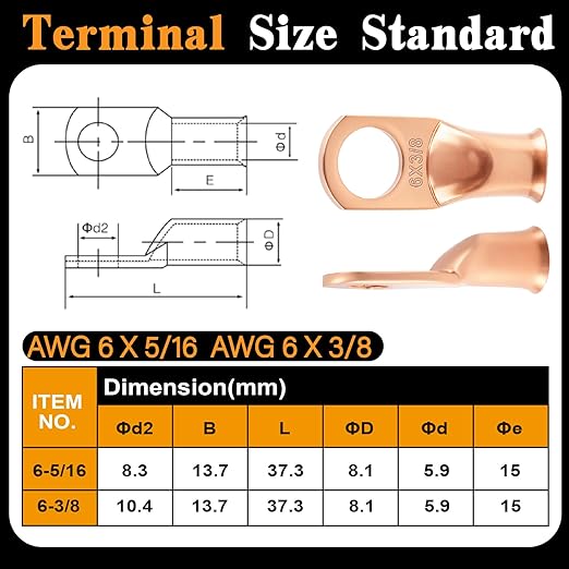 20PCS 6 AWG 5/16 3/8 inch Battery Cable Lugs, 6 Gauge Copper Crimp Connector - Image 3