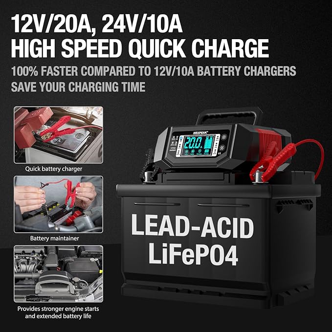 NEXPEAK 1-20A Battery Charger, Trickle Charger Car Battery Charger 12V 24V - Image 2