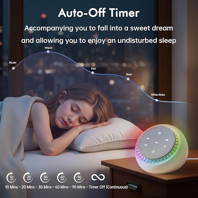 DreamSky Sound Machine for Sleep, 26 Sounds & RGB Night Light, USB-C Powered - Image 3