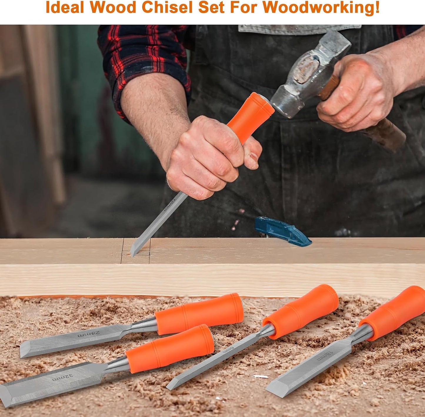5 Piece Wood Chisel Sets Woodworking Tools Set, Wood Chisels for Woodworking with Steel Hammer End, Wood Tools Chisel Set Woodworking with Ergonomic Plastic Handle, 6mm, 12mm, 18mm, 24mm, 32mm