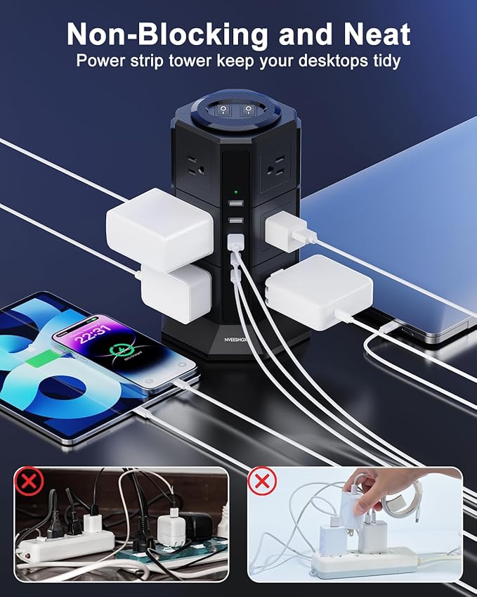 Surge Protector Power Strip Tower, 10FT Ultra Flat Extension Cord - Image 6