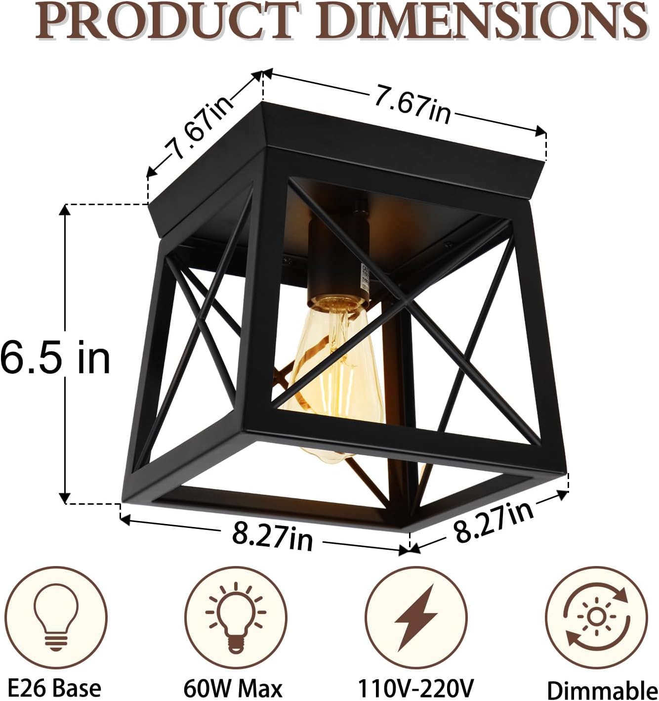 1 Light Black Industrial Flush Mount Ceiling Light Fixture - Square Farmhouse Caged Ceiling Light for Closet Kitchen Hallway Porch, E26, Dimmable