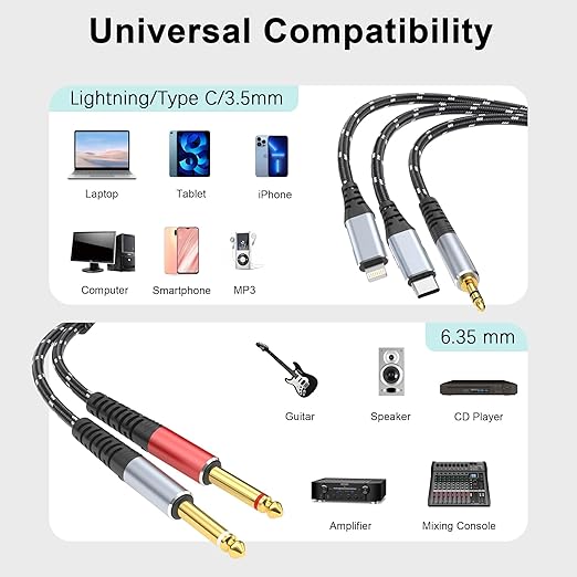 Lightning to Dual 6.35mm 1/4" TS Mono Stereo Y-Cable Splitter, 3 in 1 to Dual - Image 2