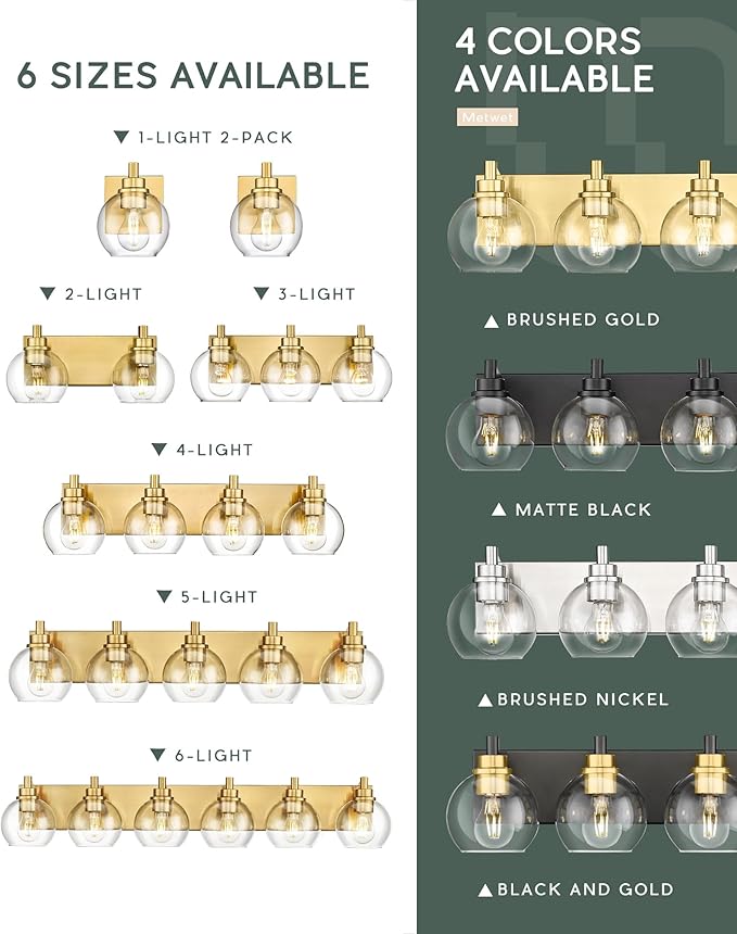 METWET Bathroom Light Fixtures, 6 Light Brushed Gold Vanity Light, 38 Inch - Image 7