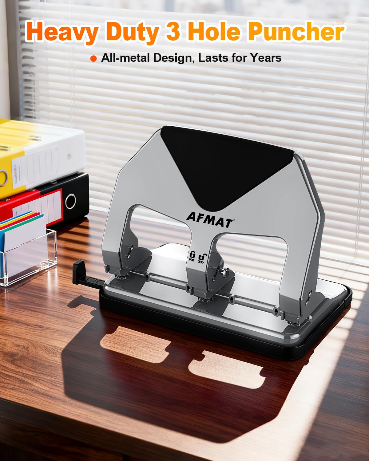 AFMAT 3 Hole Punch Heavy Duty, 50-Sheet Three Hole Punch, 50% Reduced Effort, 10,000+ Uses, 9/32" Holes, S.S. Paper Guide, 3 Hole Puncher for Binder, Metal Hole Puncher for Home Office School HP20