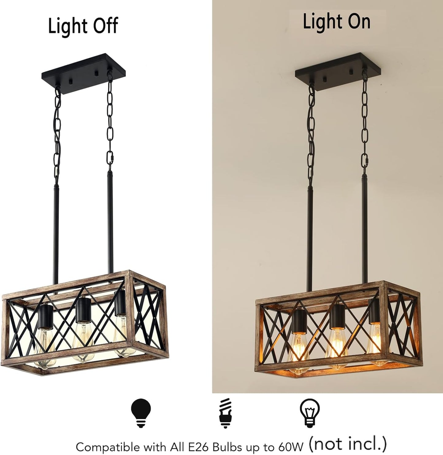 Farmhouse Light Fixtures,3-Light Dining Room Light Fixture,Industrial Metal Kitchen Pendant Lighting Over Island, Chandelier for Dining Table Kitchen Sink, Wood Grain Finish.